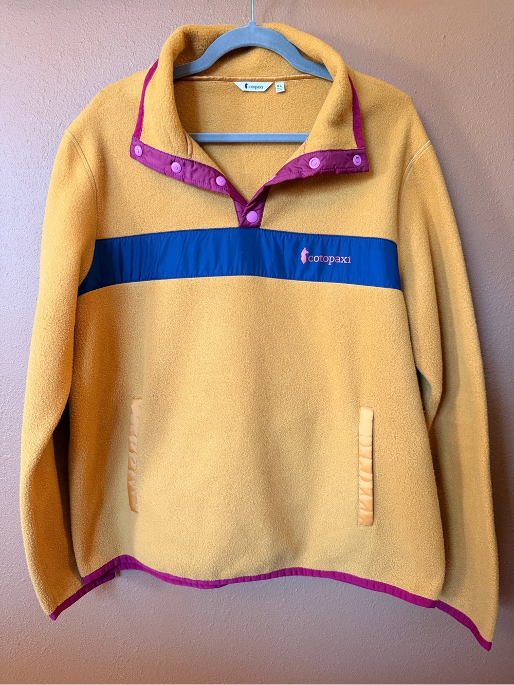 Cotopaxi Teca Fleece Pullover Womenโs XL Mustard Blue Pink Snap Colorblock